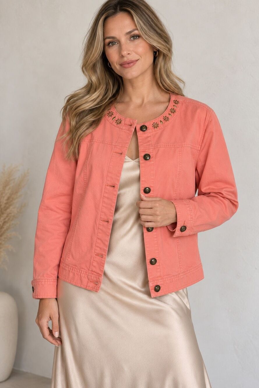 Hearts Of Palm Womens 20W Coral Embellished Button Front Jacket